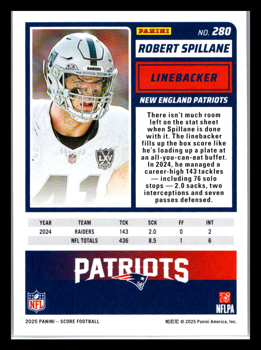 2025 Score #280 Robert Spillane New England Patriots