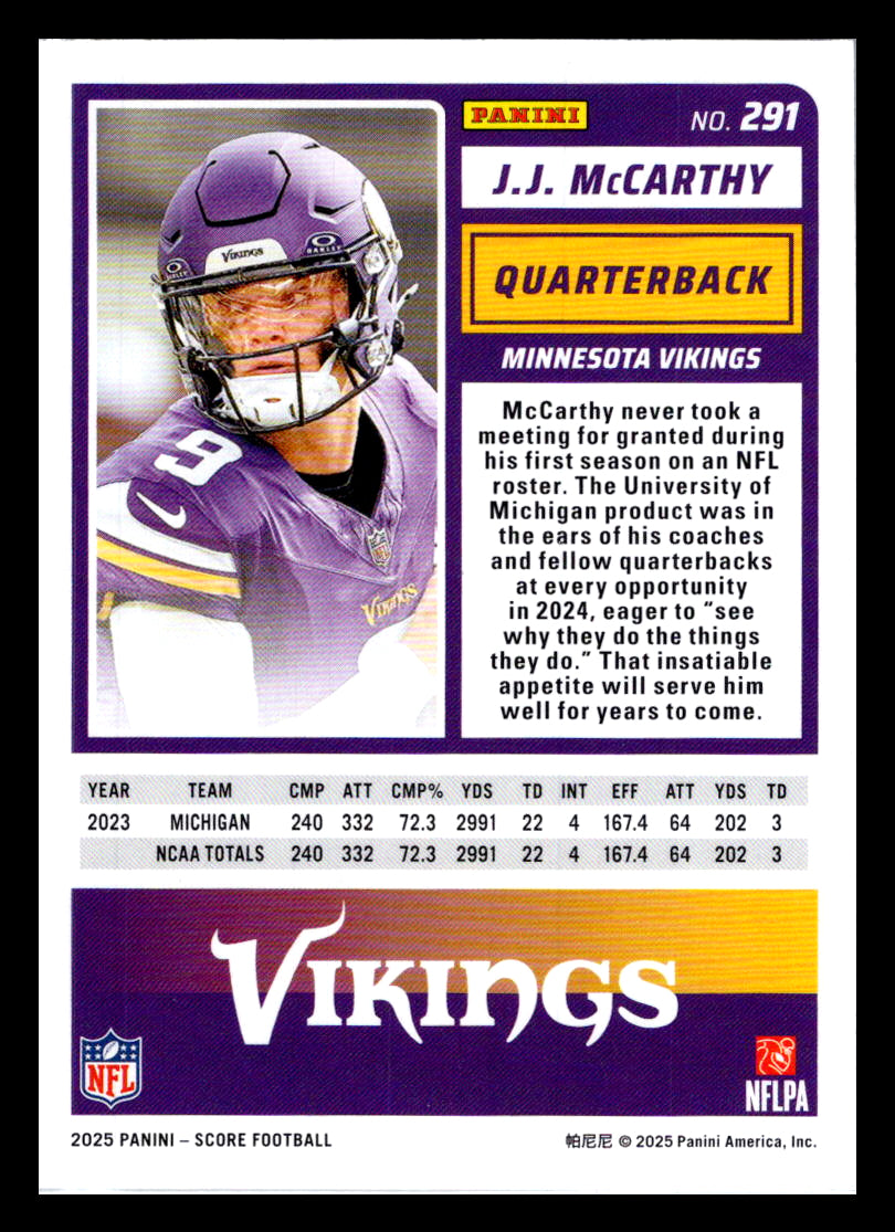 2025 Score #291 J.J. McCarthy Minnesota Vikings