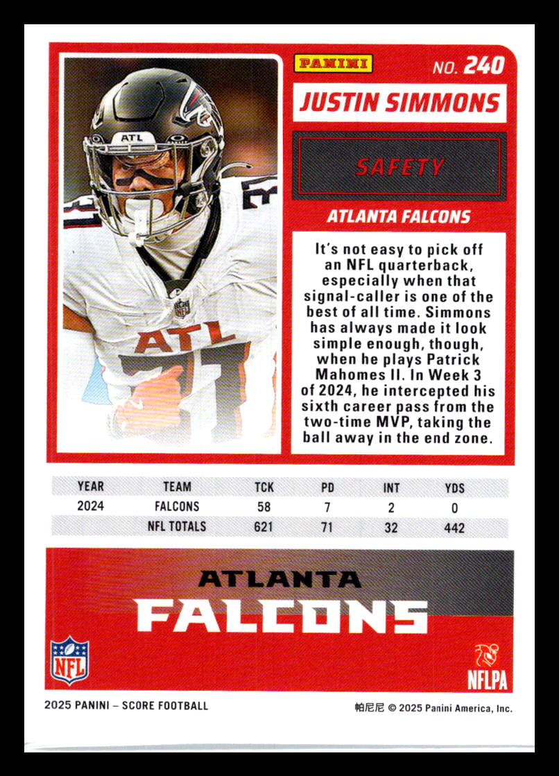 2025 Score #240 Justin Simmons Atlanta Falcons