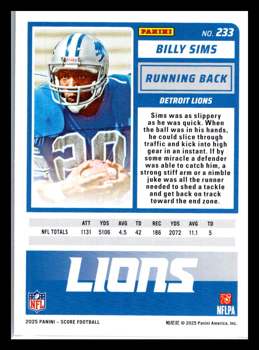 2025 Score #233 Billy Sims Detroit Lions