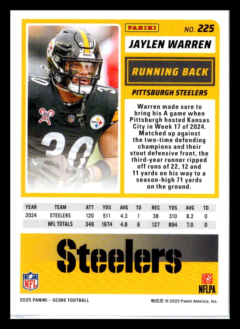 2025 Score #225 Jaylen Warren Pittsburgh Steelers
