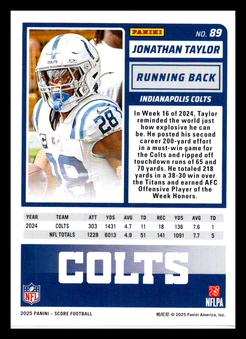 2025 Score #89 Jonathan Taylor Indianapolis Colts
