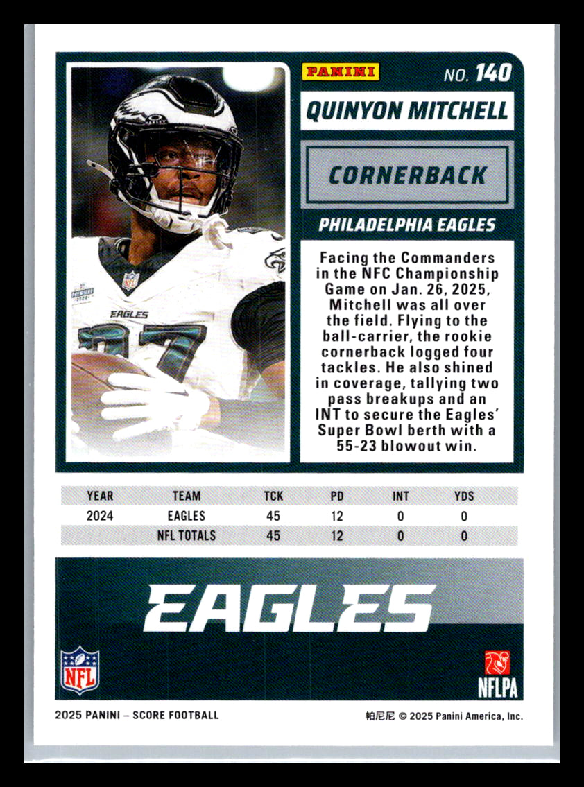 2025 Score #140 Quinyon Mitchell Philadelphia Eagles