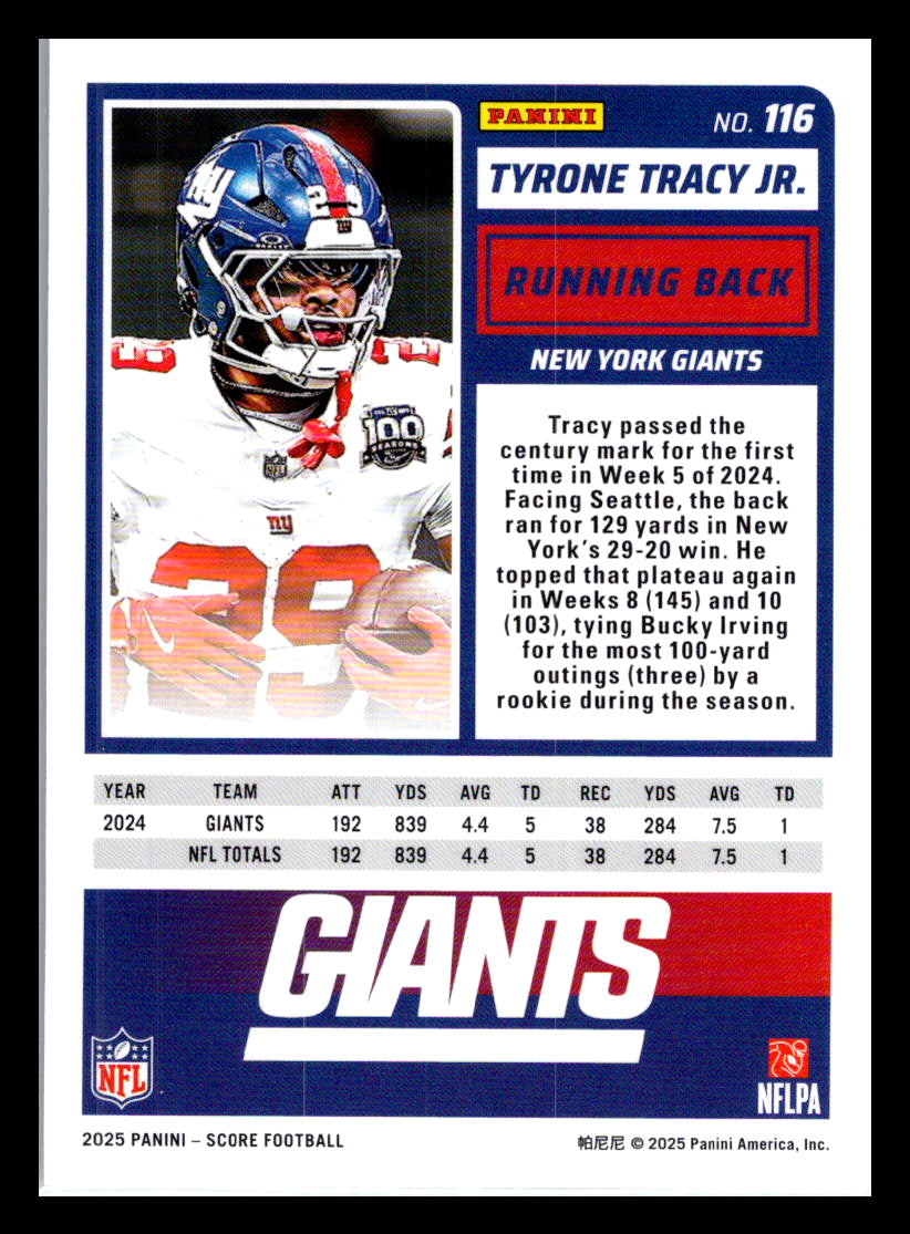 2025 Score #116 Tyrone Tracy Jr. New York Giants