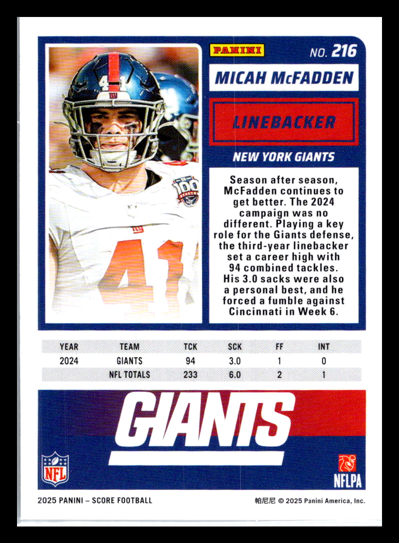 2025 Score #216 Micah McFadden New York Giants
