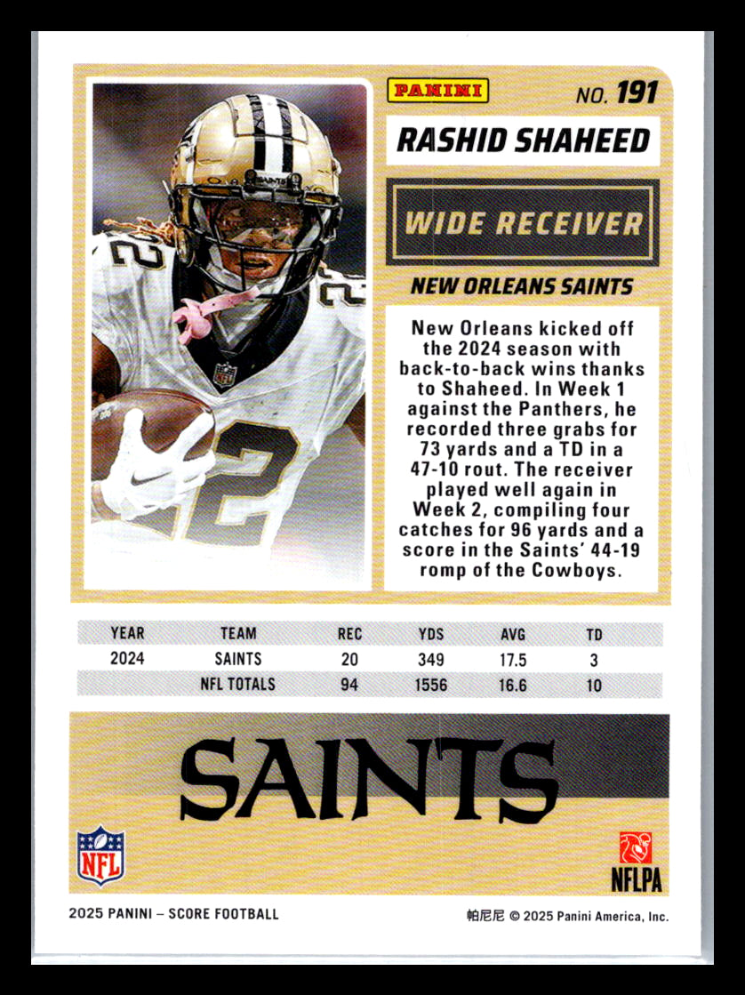 2025 Score #191 Rashid Shaheed New Orleans Saints