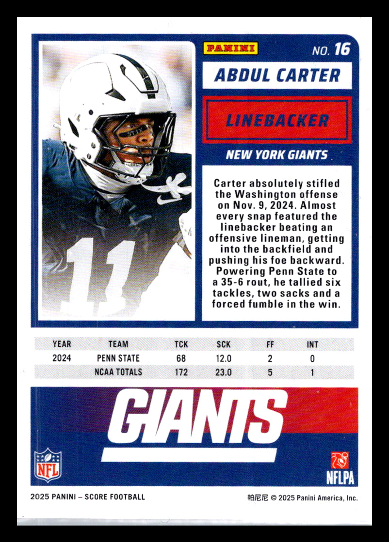 2025 Score #16 Abdul Carter Red New York Giants