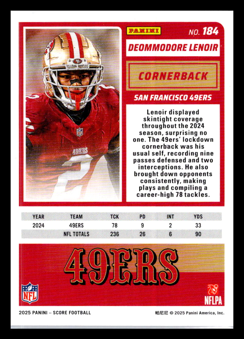 2025 Score #184 Deommodore Lenoir Red San Francisco 49ers