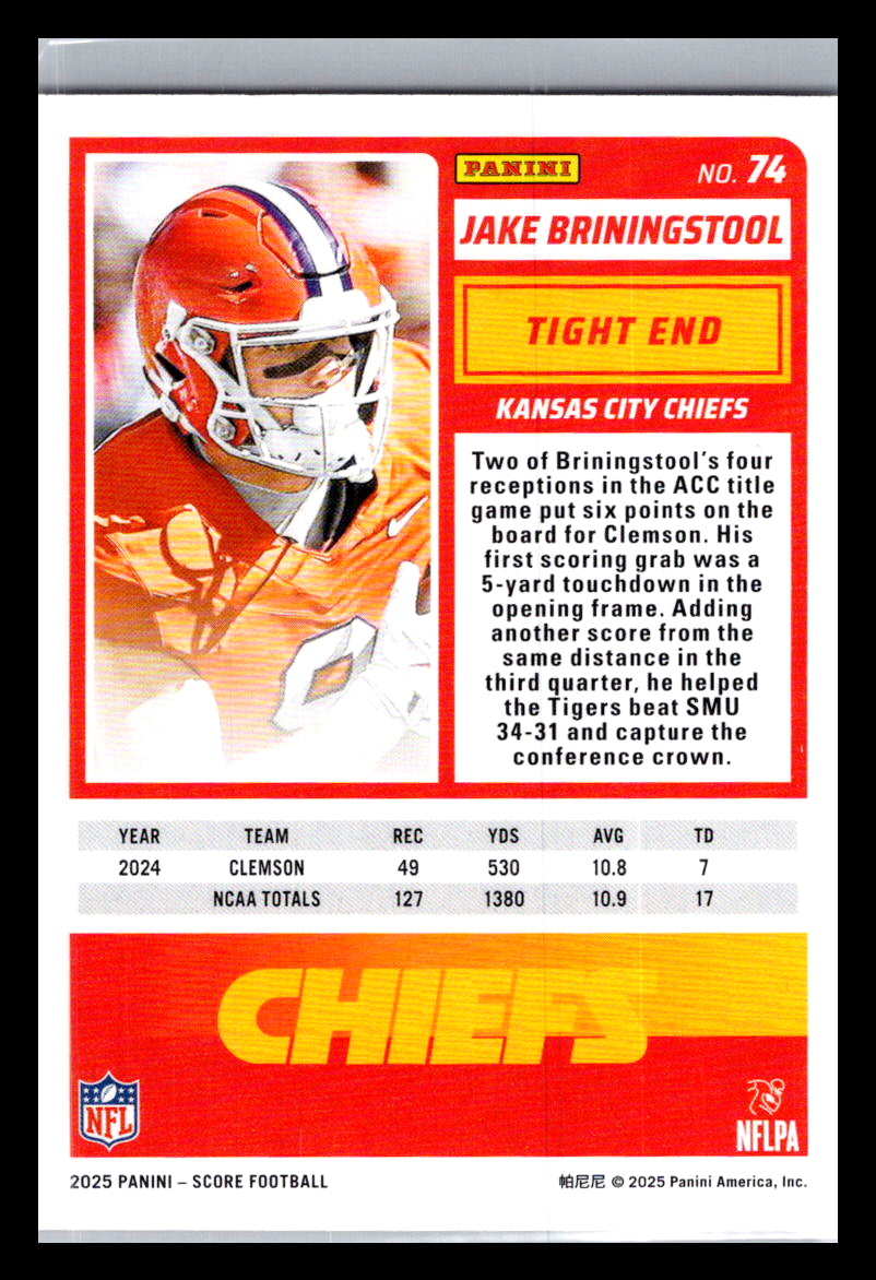 2025 Score #74 Jake Briningstool Red Kansas City Chiefs