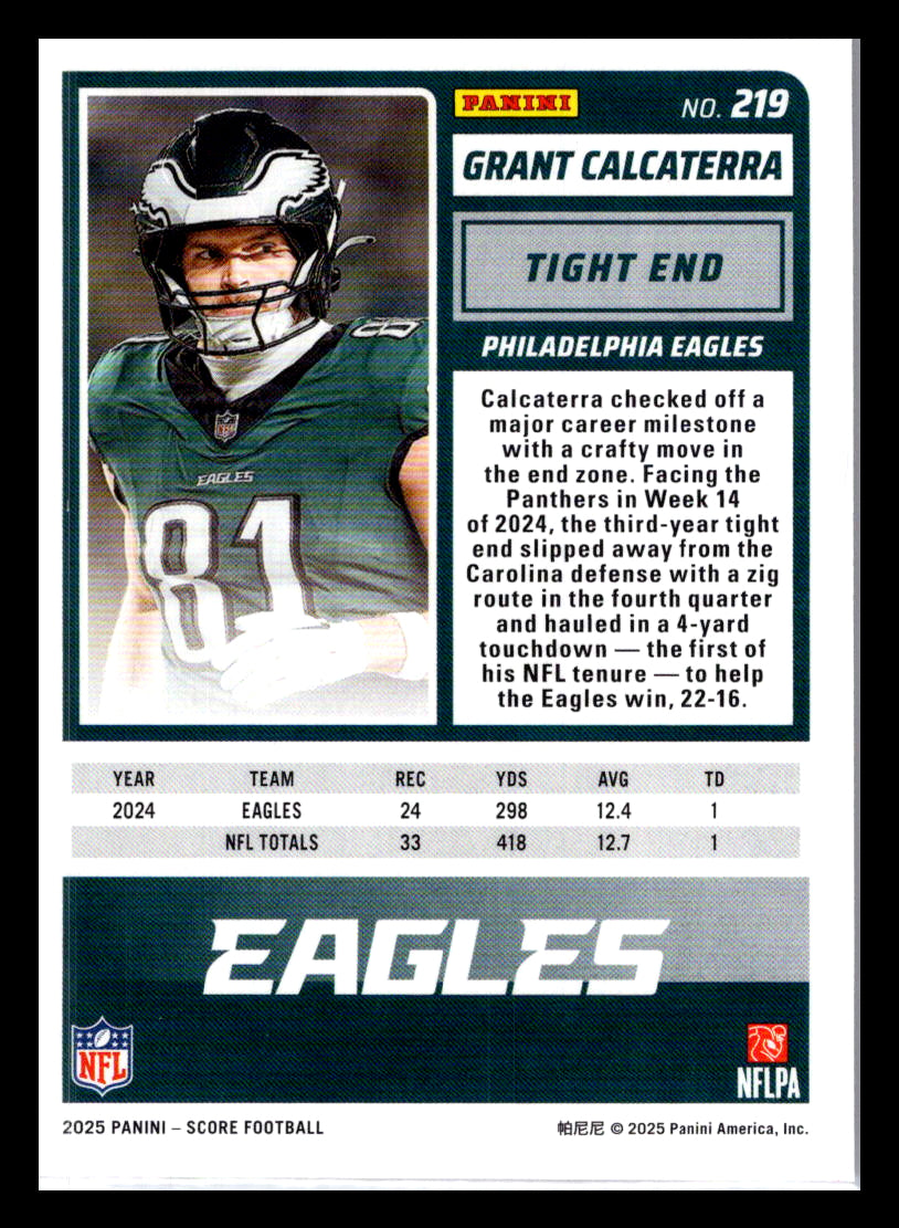 2025 Score #219 Grant Calcaterra Red Philadelphia Eagles