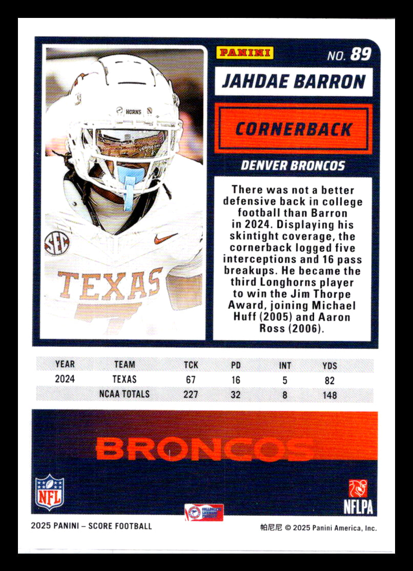 2025 Score #89 Jahdae Barron Red Denver Broncos