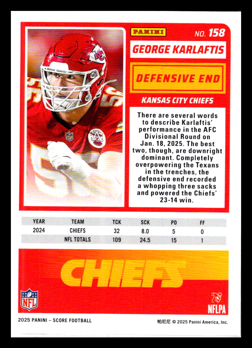 2025 Score #158 George Karlaftis Red Kansas City Chiefs