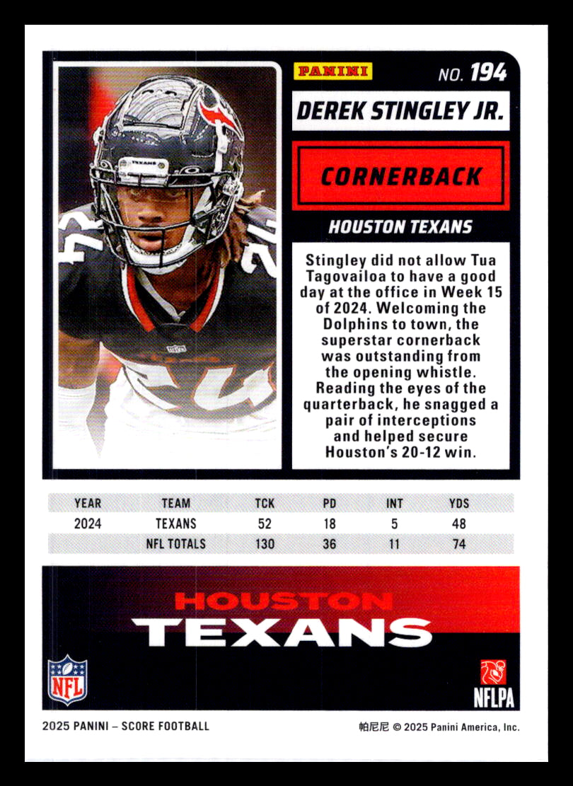2025 Score #194 Derek Stingley Jr. Red Houston Texans