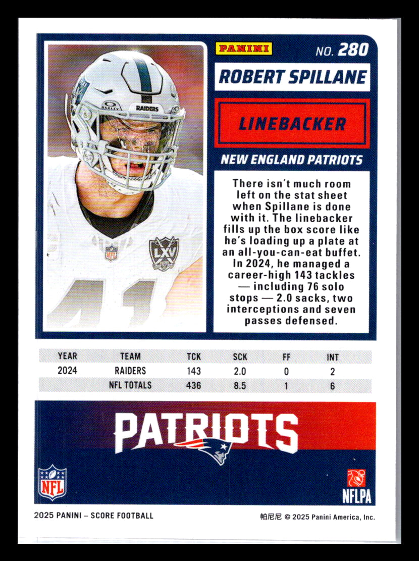 2025 Score #280 Robert Spillane Red New England Patriots