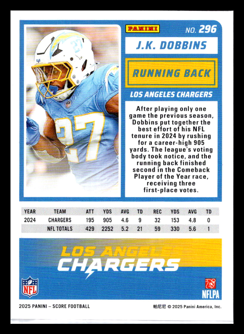 2025 Score #296 J.K. Dobbins Red Los Angeles Chargers
