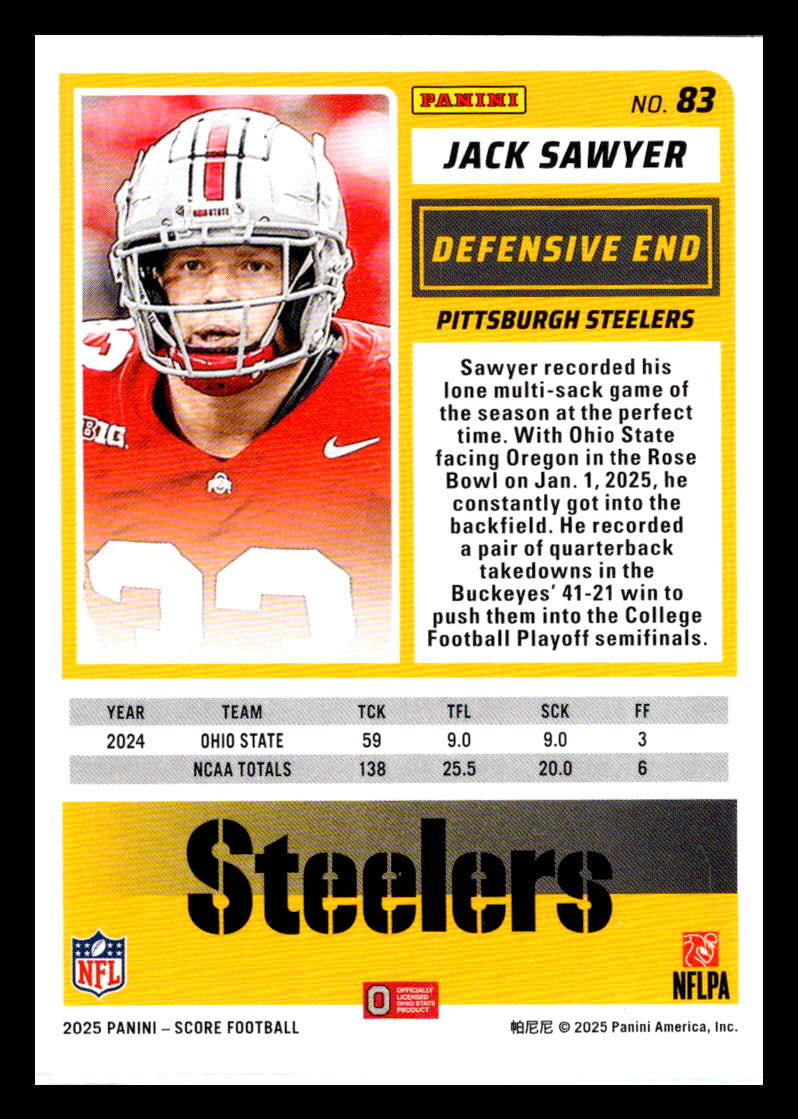 2025 Score #83 Jack Sawyer Pittsburgh Steelers
