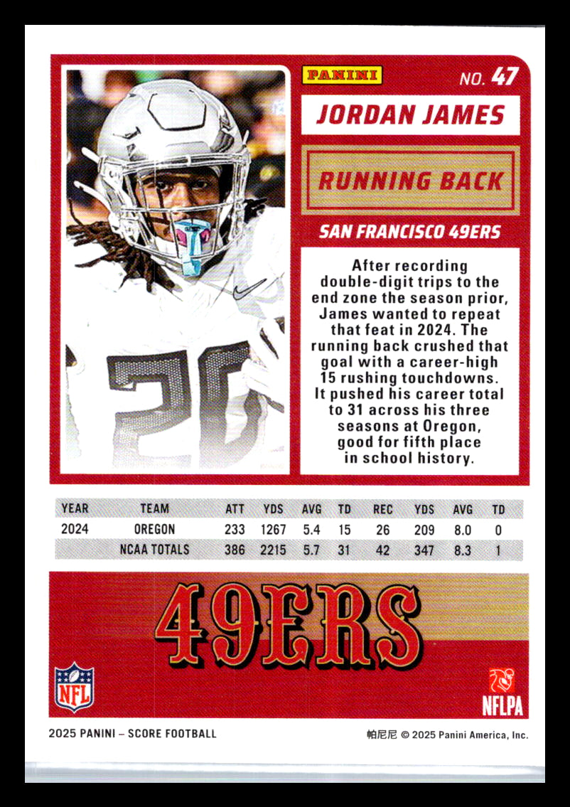 2025 Score #47 Jordan James San Francisco 49ers