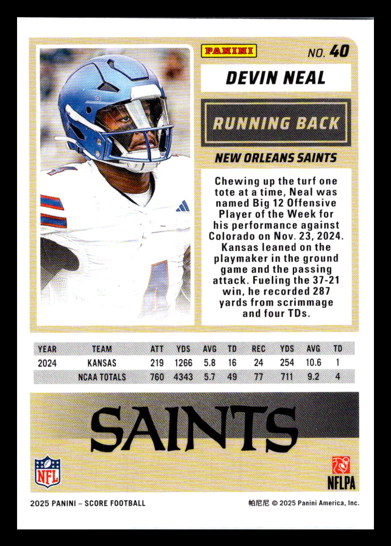 2025 Score #40 Devin Neal New Orleans Saints