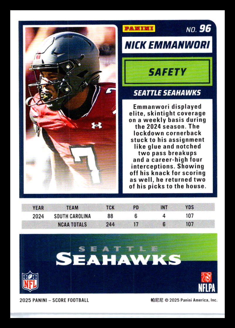 2025 Score #96 Nick Emmanwori Seattle Seahawks