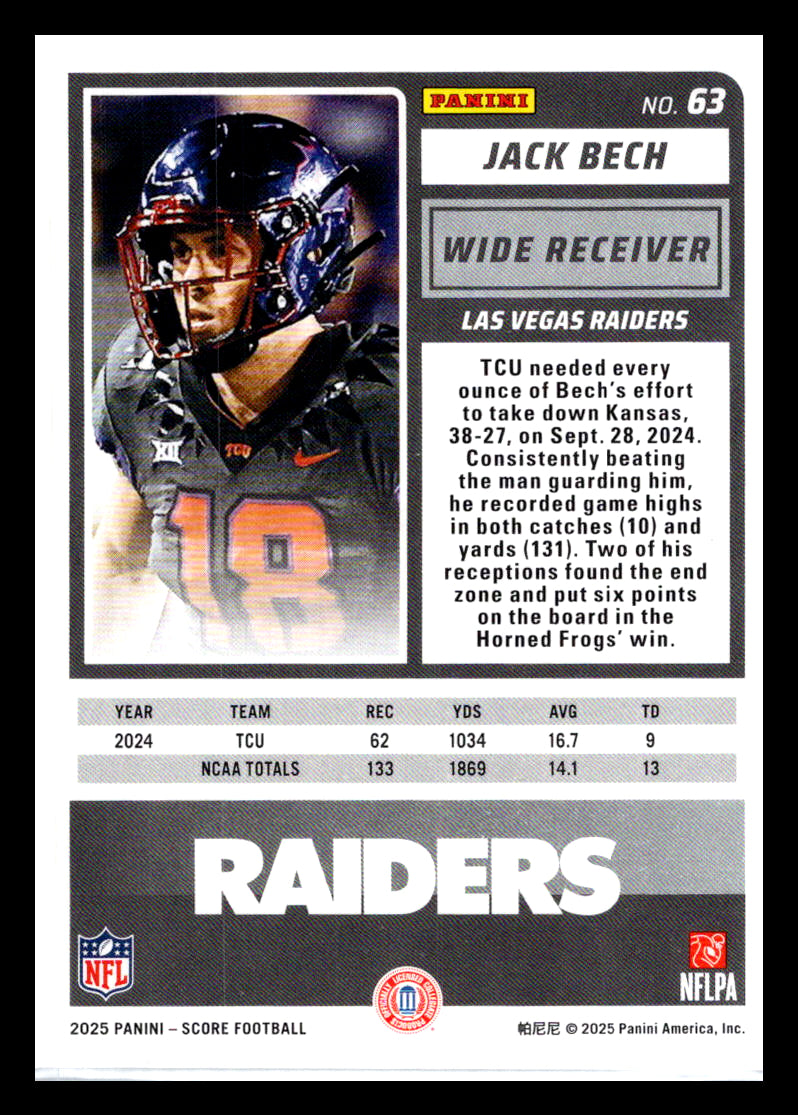 2025 Score #63 Jack Bech Las Vegas Raiders
