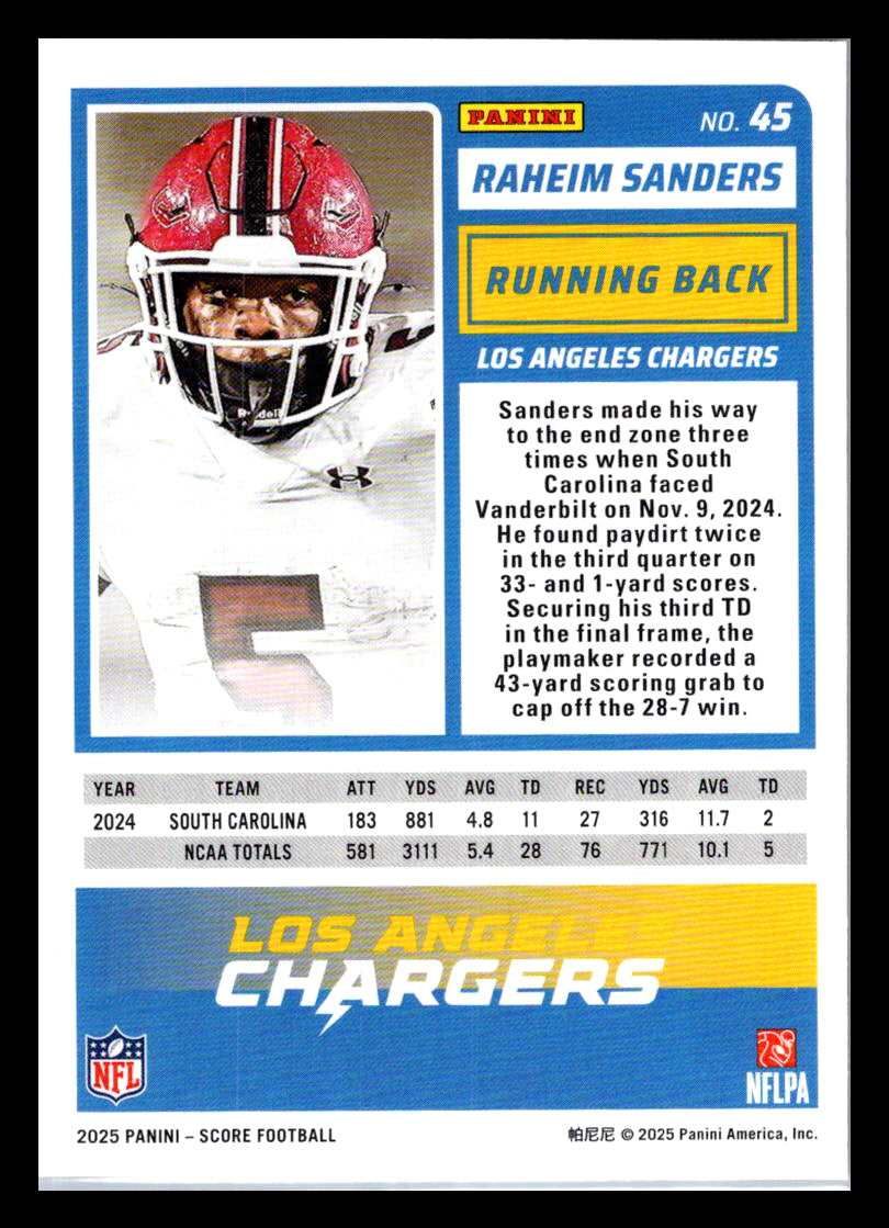 2025 Score #45 Raheim Sanders Los Angeles Chargers