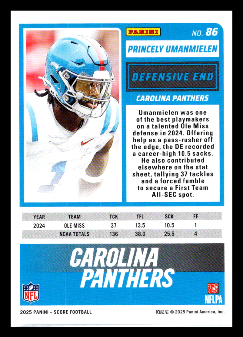 2025 Score #86 Princely Umanmielen Carolina Panthers