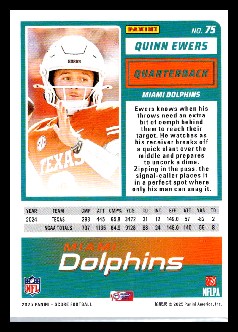 2025 Score #75 Quinn Ewers Miami Dolphins