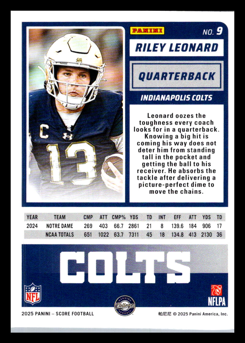2025 Score #9 Riley Leonard Indianapolis Colts