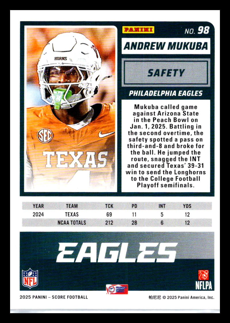 2025 Score #98 Andrew Mukuba Philadelphia Eagles