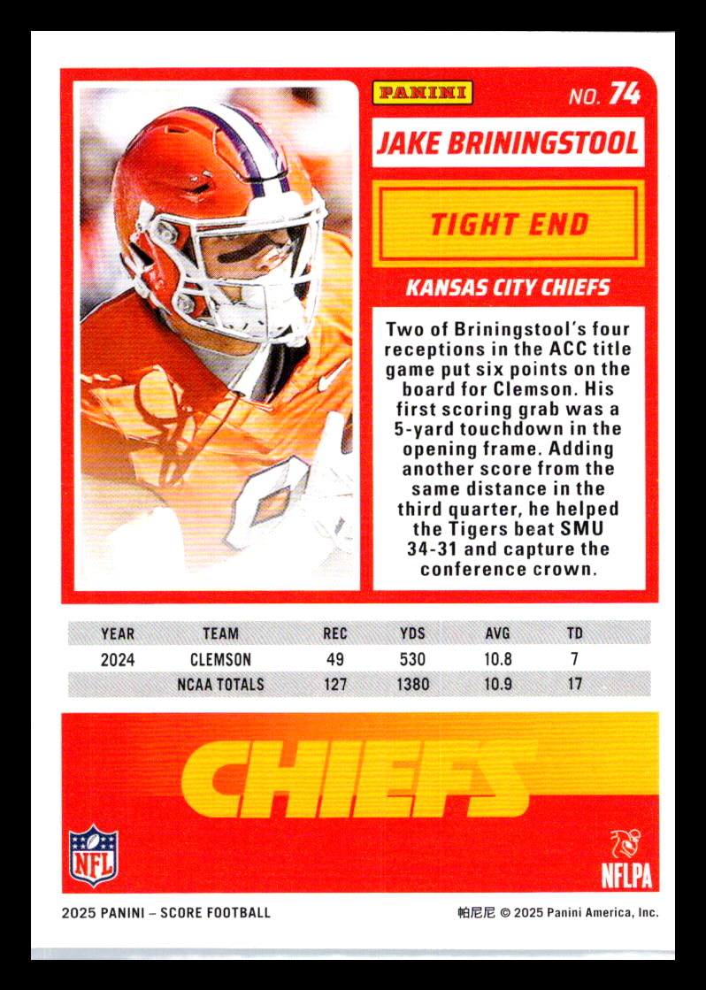 2025 Score #74 Jake Briningstool Kansas City Chiefs
