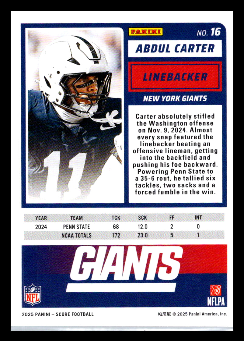 2025 Score #16 Abdul Carter New York Giants