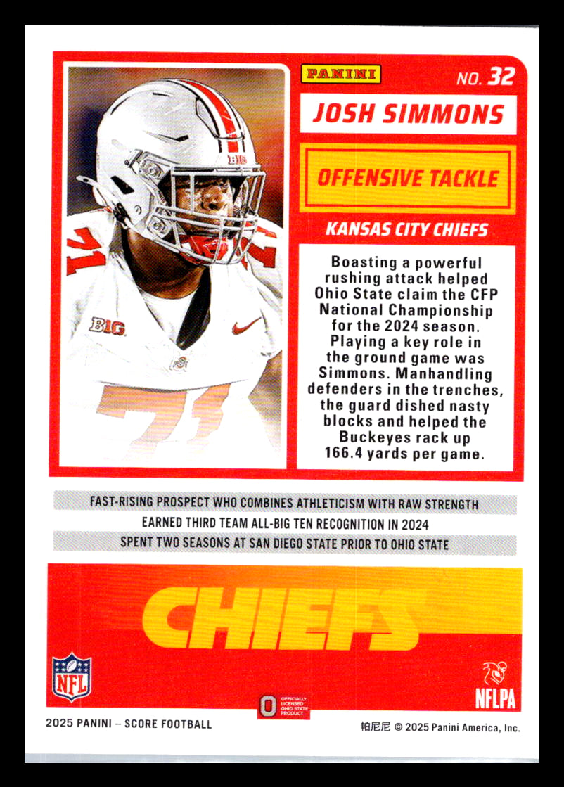 2025 Score #32 Josh Simmons Kansas City Chiefs