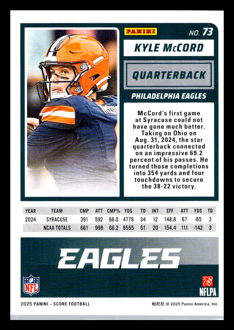 2025 Score #73 Kyle McCord Philadelphia Eagles
