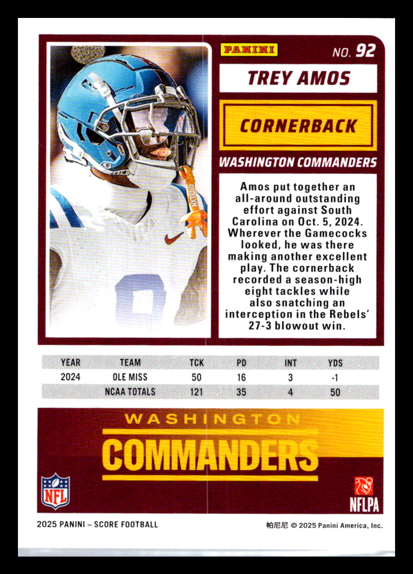 2025 Score #92 Trey Amos Washington Commanders