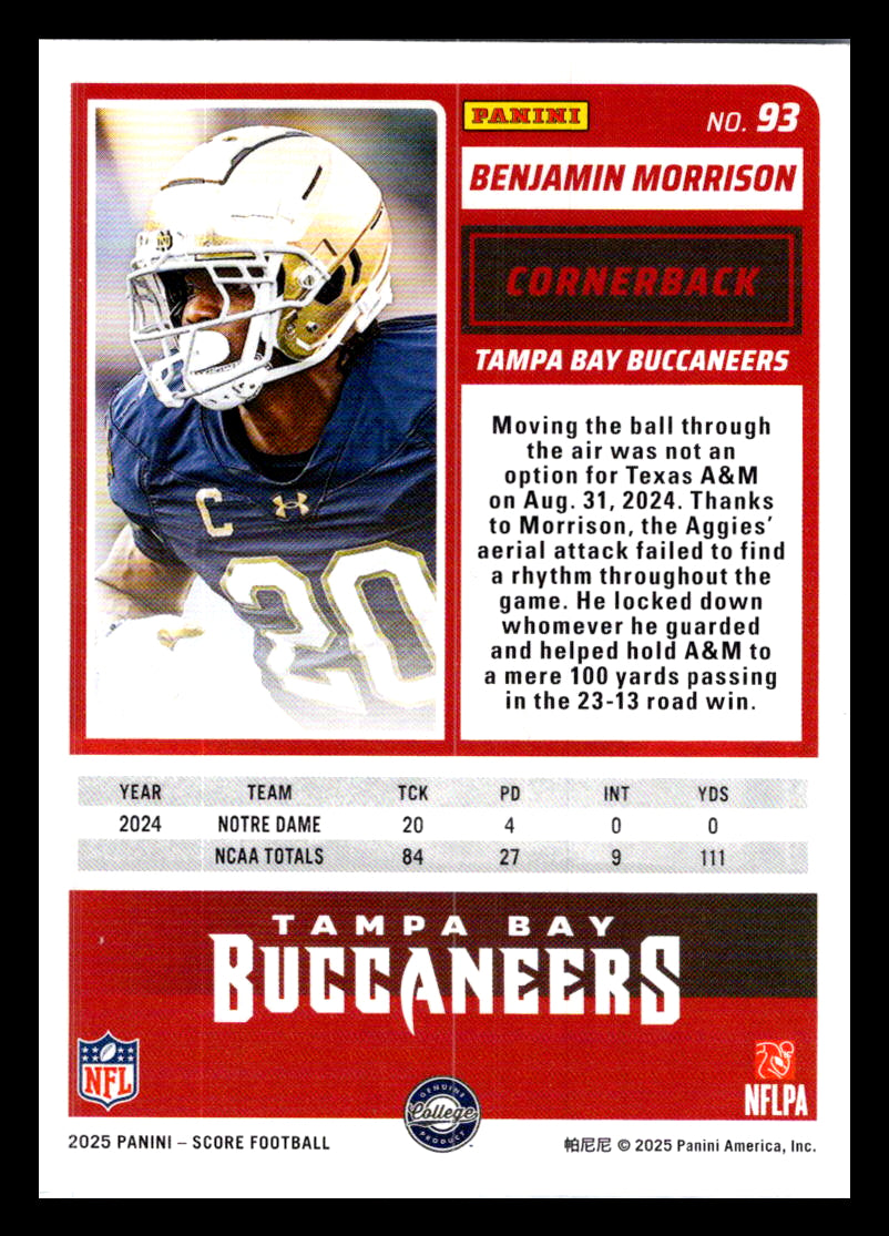 2025 Score #93 Benjamin Morrison Tampa Bay Buccaneers