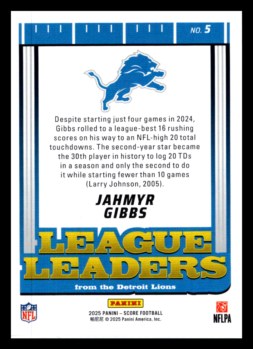 2025 Score #5 Jahmyr Gibbs League Leaders Detroit Lions