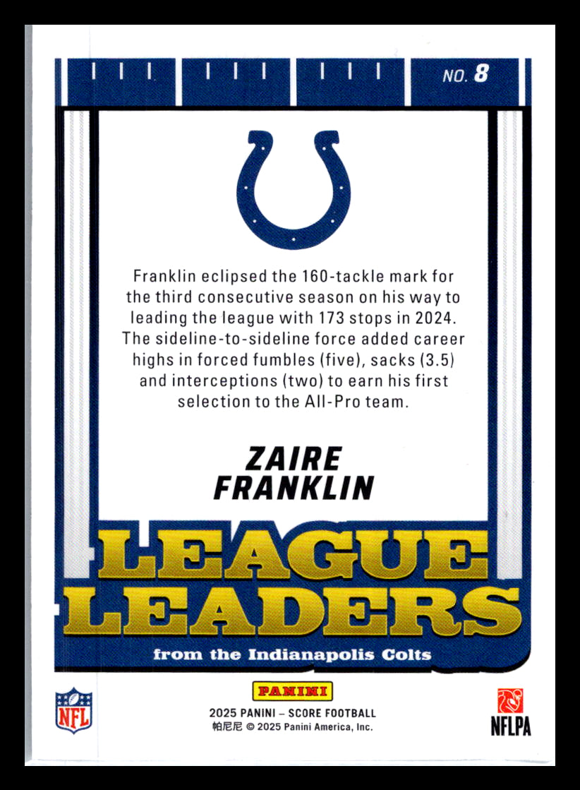 2025 Score #8 Zaire Franklin League Leaders Indianapolis Colts
