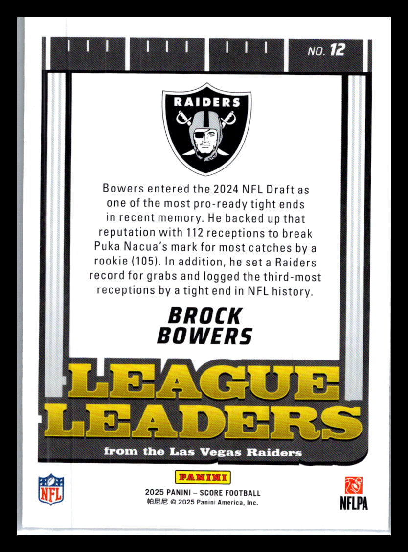 2025 Score #12 Brock Bowers League Leaders Las Vegas Raiders