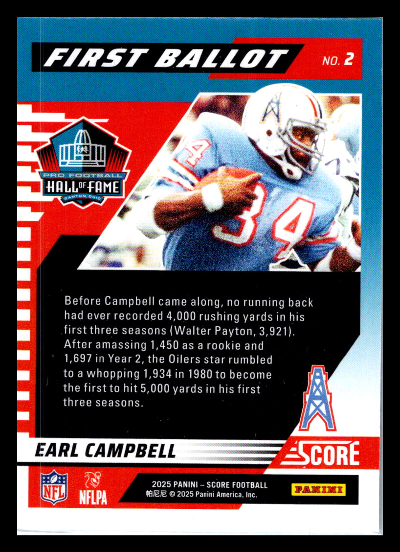 2025 Score #2 Earl Campbell First Ballot Houston Oilers