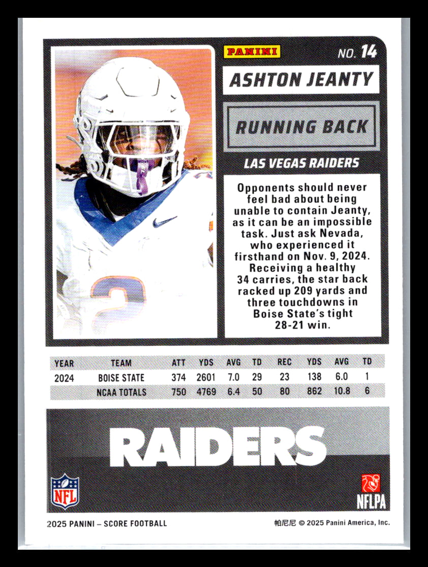 2025 Score #14 Ashton Jeanty Las Vegas Raiders