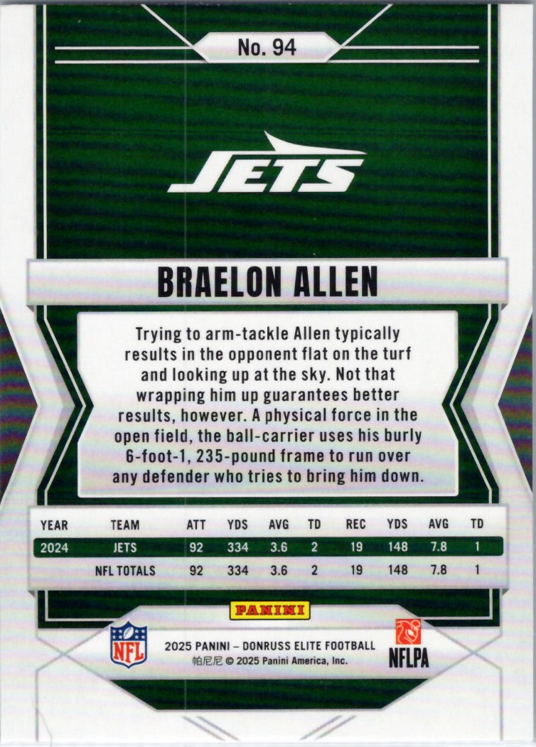 2025 Donruss Elite #94 Braelon Allen New York Jets