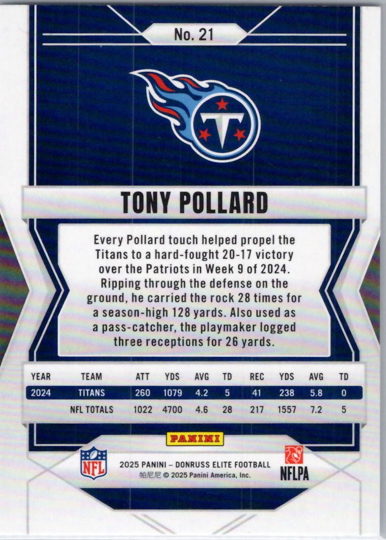 2025 Donruss Elite #21 Tony Pollard Tennessee Titans