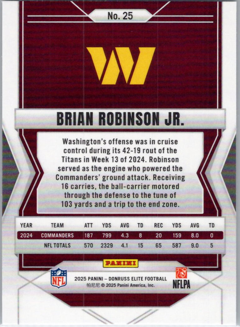 2025 Donruss Elite #25 Brian Robinson Jr. Washington Commanders