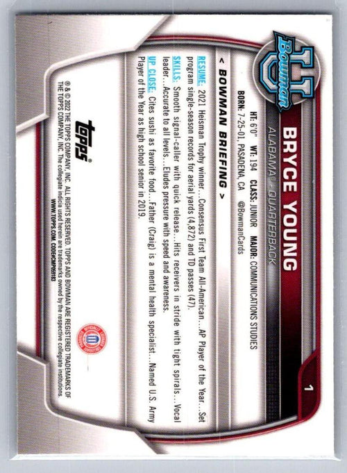 2022 Bowman University Chrome #1 Bryce Young Alabama Crimson Tide