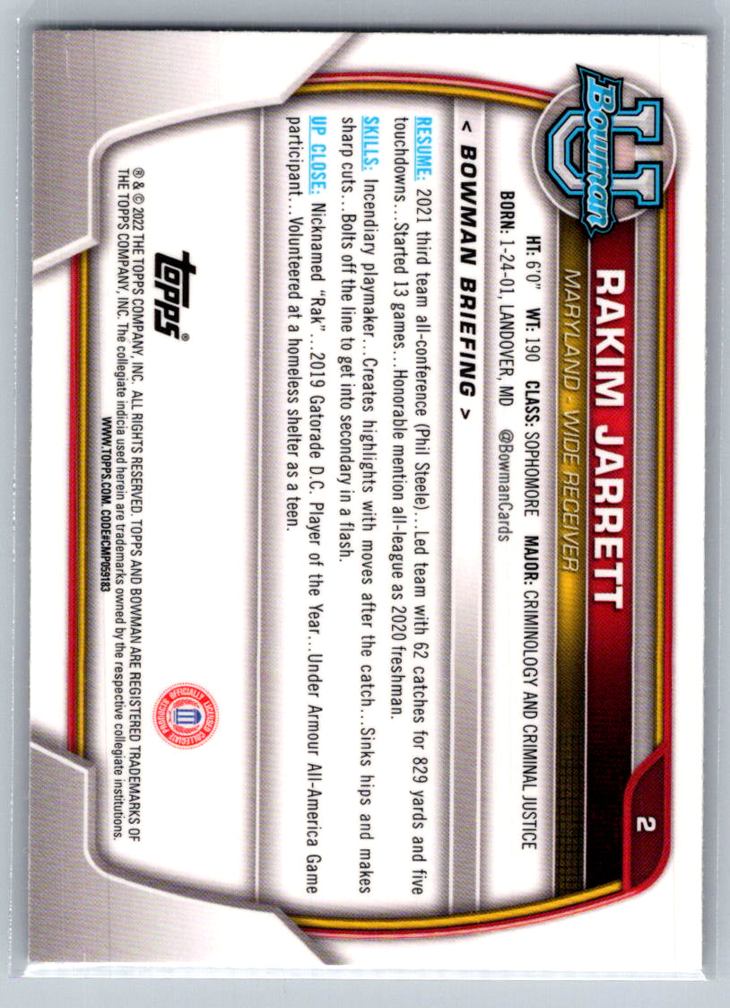 2022 Bowman University Chrome #2 Rakim Jarrett Maryland Terrapins