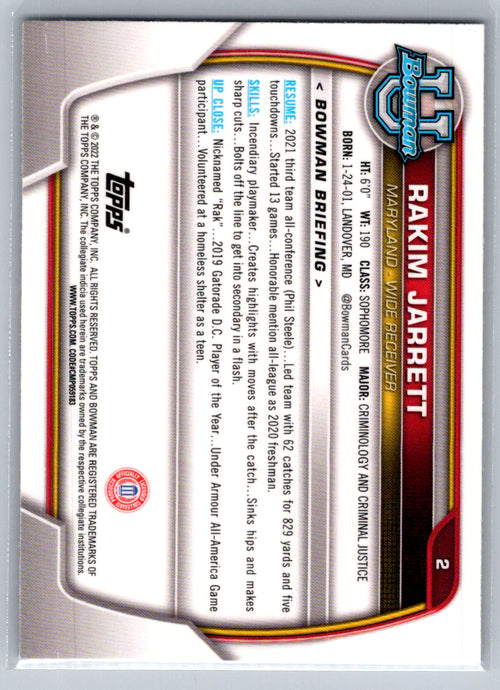 2022 Bowman University Chrome #2 Rakim Jarrett Maryland Terrapins
