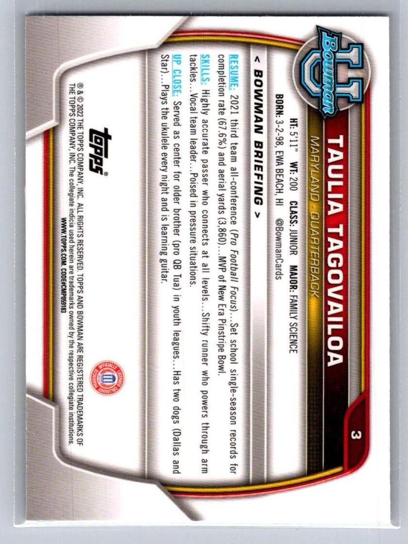 2022 Bowman University Chrome #3 Taulia Tagovailoa Maryland Terrapins