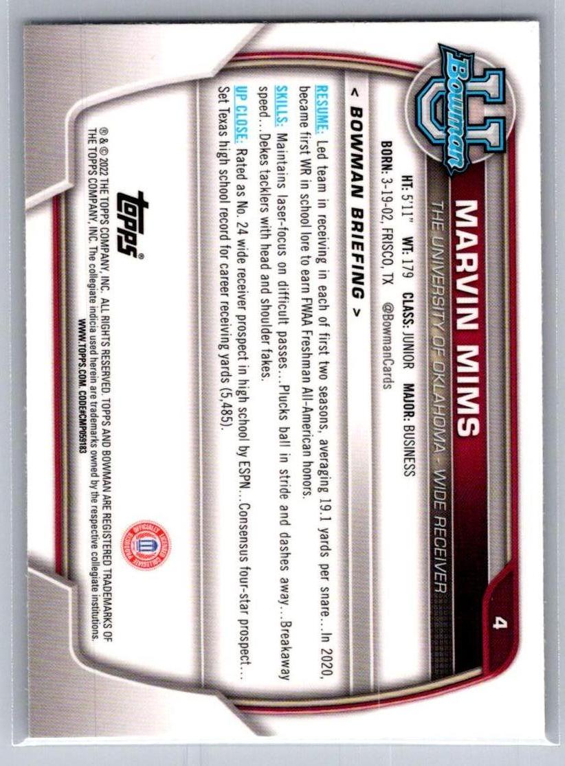 2022 Bowman University Chrome #4 Marvin Mims Oklahoma Sooners