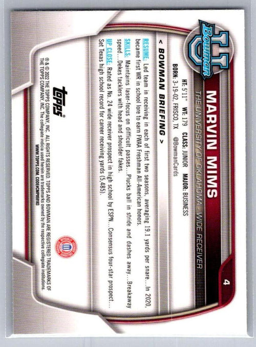 2022 Bowman University Chrome #4 Marvin Mims Oklahoma Sooners