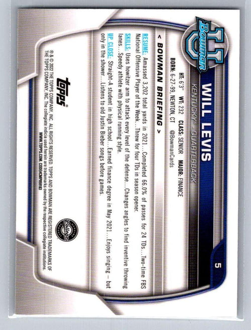 2022 Bowman University Chrome #5 Will Levis Kentucky Wildcats